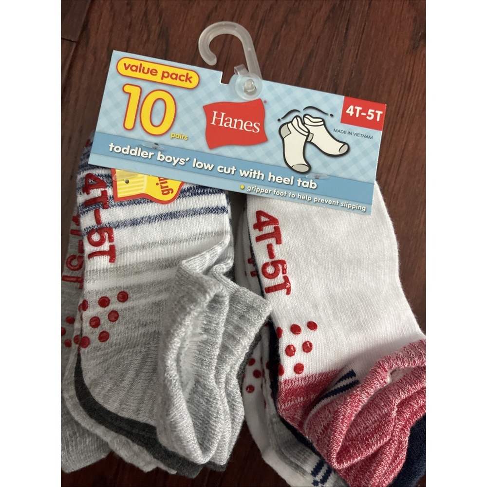 Hanes Boy's Toddler 10 Pairs Gripper Foot Bottom Crew Socks White 4T-5T New